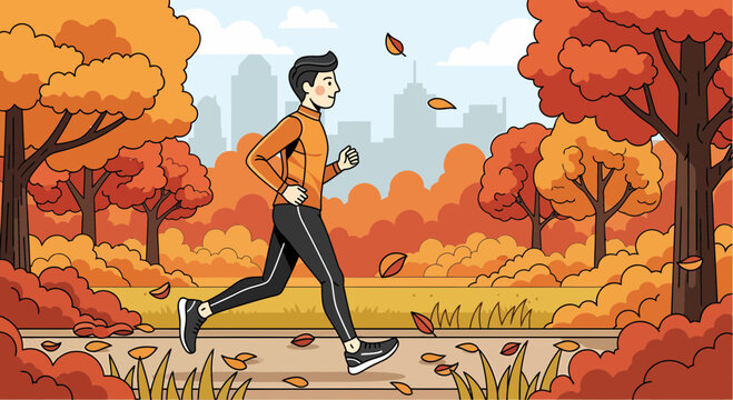 Man running in autumn park, fallen leaves, city skyline background, healthy lifestyle concept
