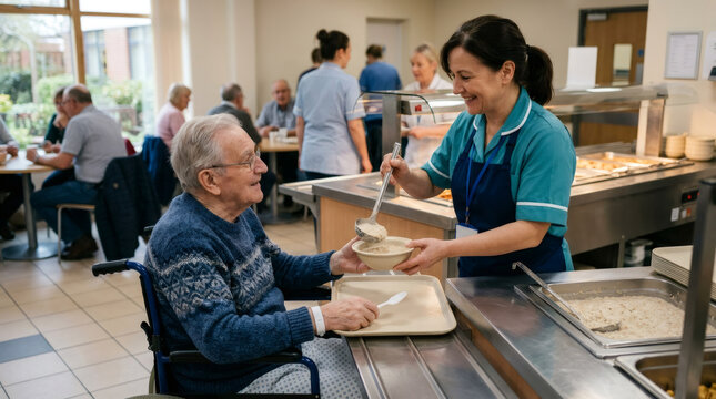 Woman caregiver serving food to senior man in wheelchair inside hospital dining hall. Nurse providing meal to elderly patient. Healthcare facility support and assisted living concept.