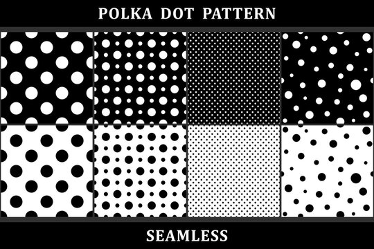 High-quality polka dot pattern bundle in black and white, featuring seamless repeating designs with various dot sizes and densities. Perfect for fashion, textiles, packaging, branding, backgrounds, an