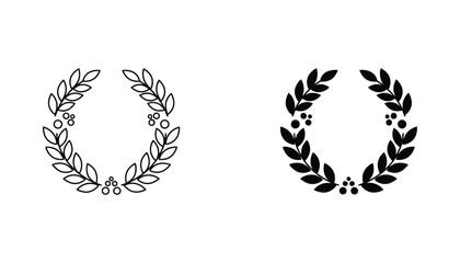 Obraz premium Laurel wreath symbol with berries in outline and solid black style for achievement awards or organic brand identity vector graphics isolated on white background