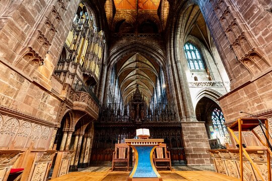 The Chester Cathedral on a weekday before services.  The church is an old, gothic Anglican Church that was built beginning in the 13th century and c