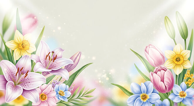 Beautiful Spring Flower Arrangement Background with Lilies, Tulips and Daffodils