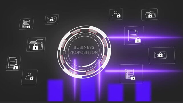 Futuristic business proposition digital interface featuring animated data security and glowing purple cybernetic hud for corporate technology presentations and financial