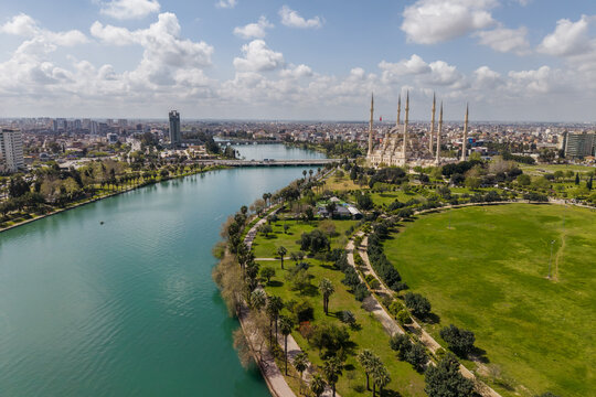 Aerial view of Seyhan River and Sabanci Central Mosque in Adana Turkey cityscape landscape