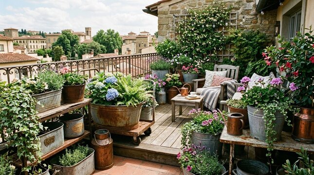 Charming urban balcony garden overflowing with lush plants, flowers, and vintage pots on a sunny day, creating a serene outdoor oasis