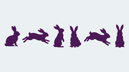Set of purple rabbit and bunny silhouettes in various action poses