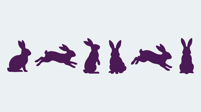 Set of purple rabbit and bunny silhouettes in various action poses