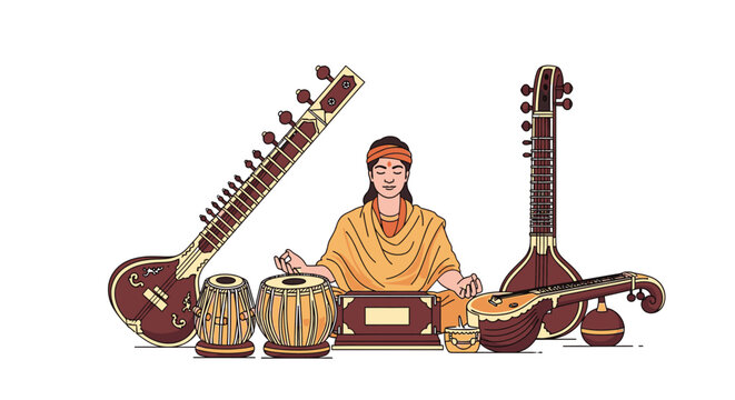 Indian musician playing traditional instruments, sitar and tabla