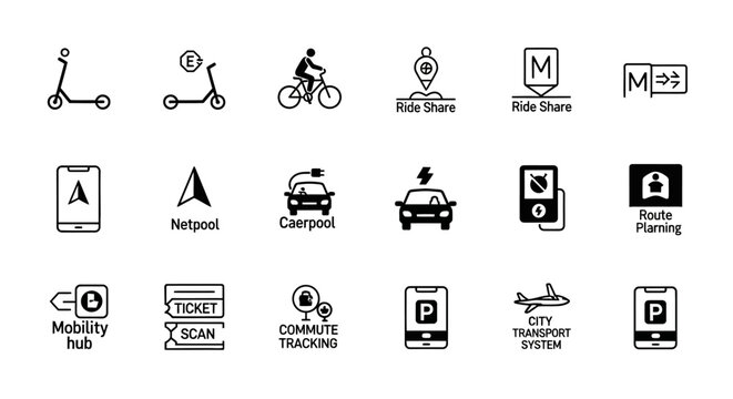urban transportation icons depicting various mobility options like scooters bikes cars and planning tools