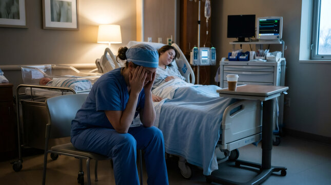 Exhausted nurse sitting with head in hand during night shift in hospital maternity ward. Woman patient sleeping in bed next to newborn baby in crib. Healthcare professional burnout concept.