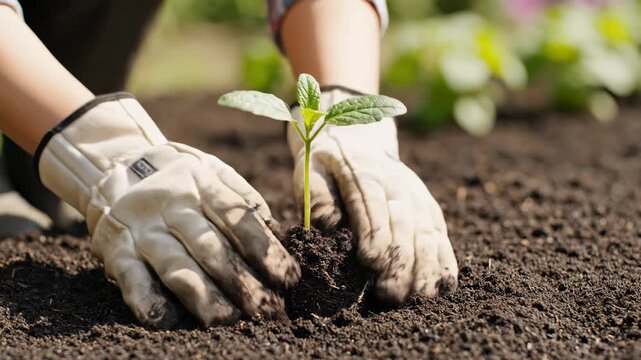 Gardener plants small green seedling into rich dark soil. Activity takes place in vibrant garden filled with flowers. Concept of gardening, landscaping, plant care