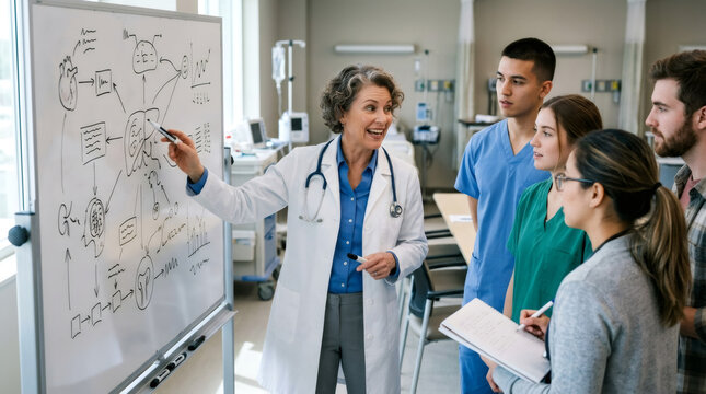 Female doctor teaching medical students using whiteboard diagram. Professor explaining healthcare concepts to group of trainees in classroom. Professional education and clinical training.