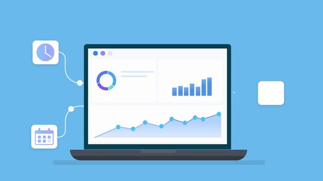 Looping animation of a laptop displaying data dashboard charts with cloud scheduling system, showing digital planning, data tracking, and modern technology in a clean minimal teal style.