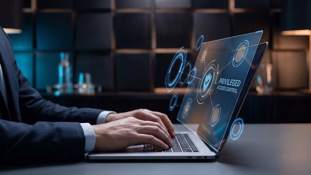 Executive using laptop with privileged access control display, identity centric security nodes and enterprise authorization interface for cyber governance and secure infrastructure