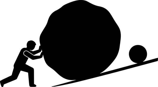 A person pushing a large boulder up a steep hill slope with a small ball ahead