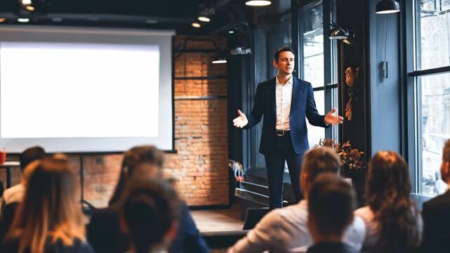 Businessman presenting engaging ideas in contemporary workspace. Audience attentively listening in well-lit industrial setting