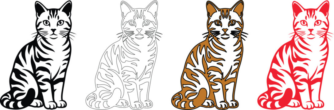 Tabby cat vector set, sitting domestic kitten illustrations in black, brown, and red colors, 4 feline animal icons for pet shop branding