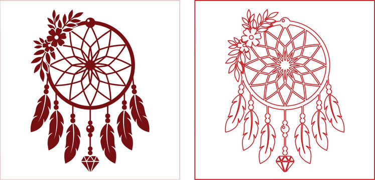 Bohemian dreamcatcher vector set, floral dream catcher with feathers and beads, maroon ethnic tribal ornament for laser cutting and vinyl decals