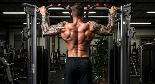 Muscular tattooed man performing heavy back pull up exercises on a gym fitness machine