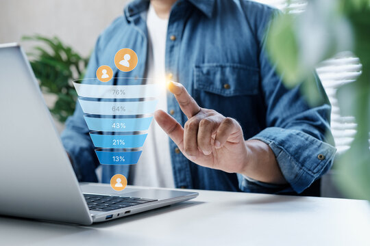 Business professional analyzing digital sales funnel conversion metrics on laptop, virtual interface, customer journey stages, data-driven marketing performance optimization, lead generation strategy