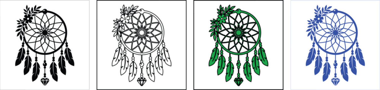 Bohemian dreamcatcher vector set, mystical dream catcher with feathers and flowers, ethnic tribal charms in black green and blue, 4 spiritual icons