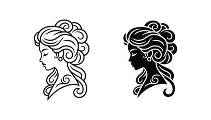 Elegant woman profile portrait with ornate curly hairstyle in minimalist line art and solid black silhouette style for fashion design logo © Geo