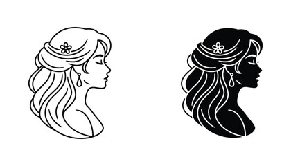 Elegant profile portrait of a woman with long wavy hair and a small flower accessory in black and white vector style for beauty and hair salon branding and fashion illustration projects © Geo