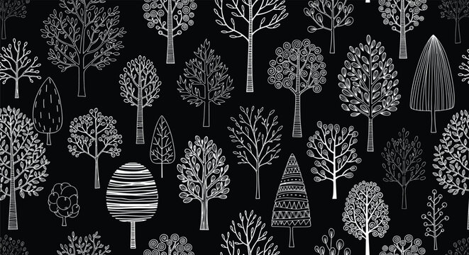 Artistic seamless pattern depicting a diverse forest of hand-drawn white trees against a stark black background for contrast.