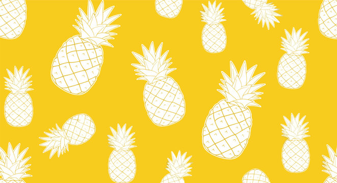 Bright and cheerful seamless pattern featuring white hand-drawn pineapples scattered across a solid bright yellow background.