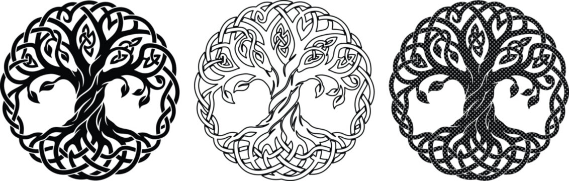 Celtic tree of life vector set, mystical Yggdrasil symbols with intricate knotwork, black and white sacred geometry icons for spiritual branding