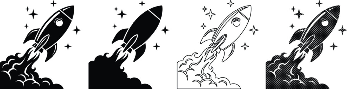 Retro rocket ship launch icons, vintage space shuttle vector set, black and white spaceship blast off illustrations, 4 startup project symbols