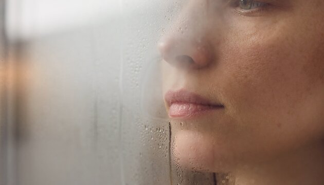 Close Up Profile of a Face Pressing Softly Against a Heavy Pane of Fogged Glass Beautifully Blurred by Condensation 
