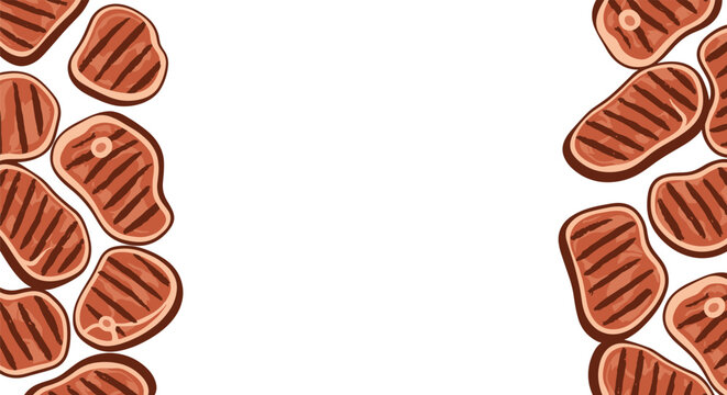 Food-themed border background featuring a collection of cooked and grilled meat steaks with distinct char marks along the edges.