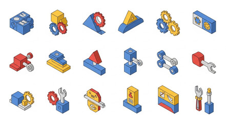 Fototapeta premium Collection of colorful isometric construction and building blocks.