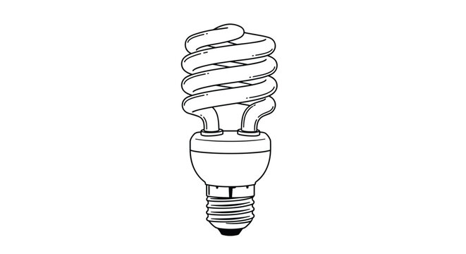 Detailed black and white line art drawing of a modern spiral-shaped compact fluorescent energy-saving light bulb on a white background.
