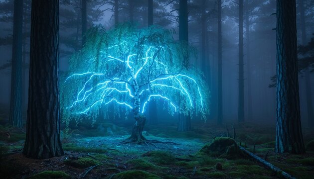 Glowing Bioluminescent Neon Weeping Willow Tree Standing Alone in a Dark Misty Ancient Pine Forest, Enchanted Ethereal Nature Photography 