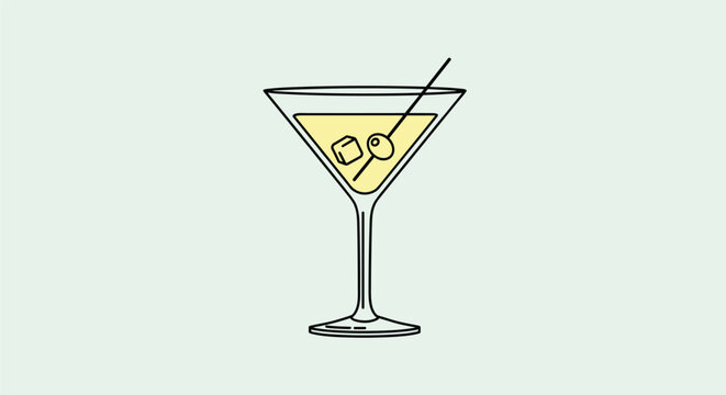 Simple graphic of a martini glass with a light yellow drink, an ice cube, and an olive on a skewer on a soft green background.