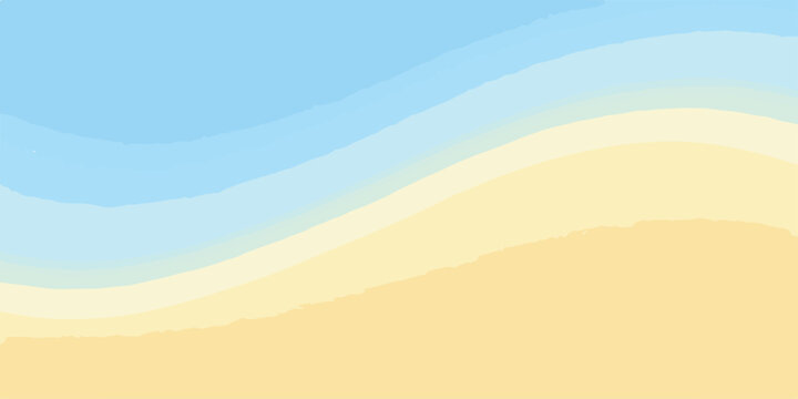 Stylized abstract wavy layers of gentle blue sky meeting golden sand beach with soft pastel gradients creating a tranquil summer seaside scene