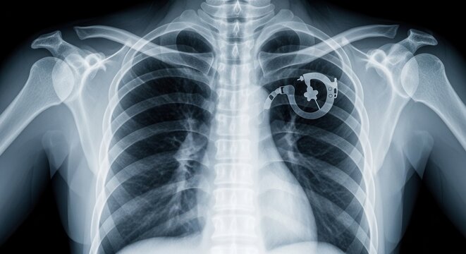 X-ray image of human chest with pacemaker
