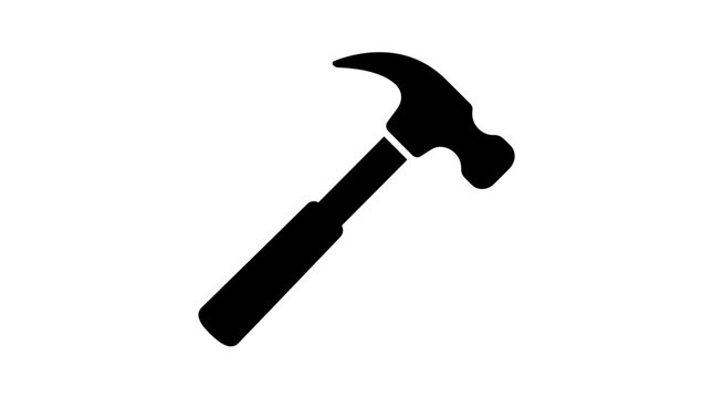 Black hammer icon, tool symbol, construction sign, repair tool