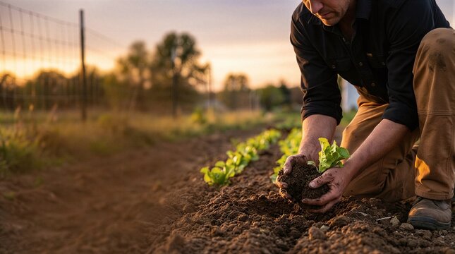 a close up of a person kneeling on the ground holding a seed pod