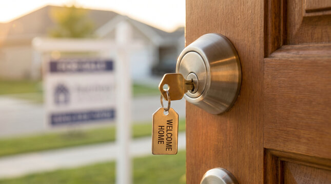 Key in lock of a wooden entrance signaling new homeownership and the culmination of a successful real estate transaction. A 'FOR SALE' sign stands in front of a residential property at dusk.
