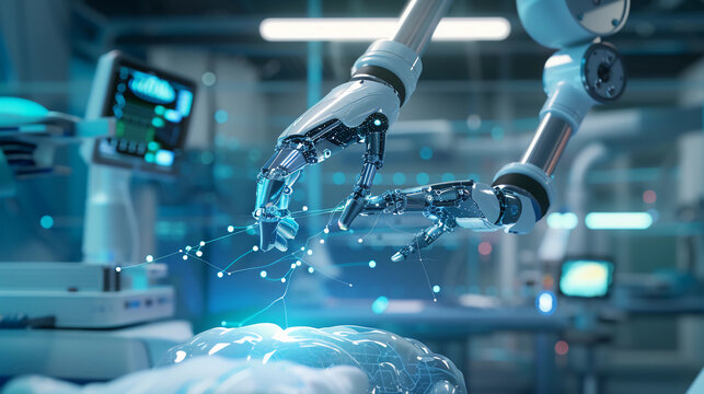 Futuristic AI robotic arm performing precision surgery with holographic organ display in a high-tech medical laboratory.