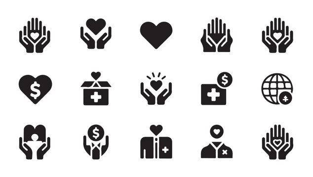 Philanthropy and healthcare icons set with hands holding hearts plus financial donation sign.