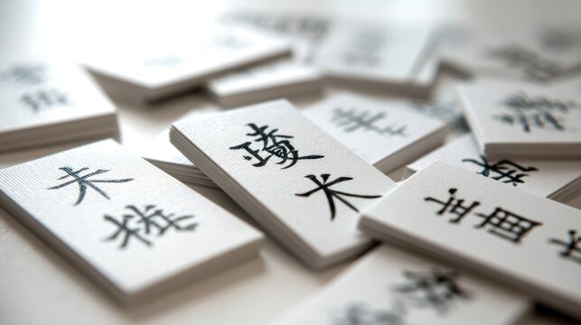 Close-up of scattered Chinese character tiles on a white surface for educational purposes