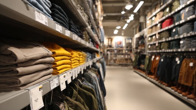 Clothing store interior with neatly stacked jeans and trousers on shelves, bright lighting