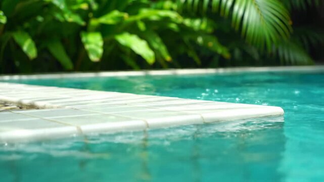 Close-up of a pool's edge, white tiled border, water ripples, blurry green foliage in background, sunlight effect