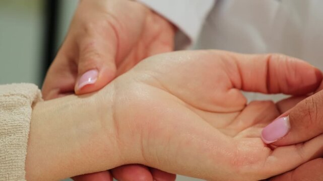 Doctor supports woman patient palm during calming bedside contact. Medical specialist cradles wrist easing tension with gentle touch