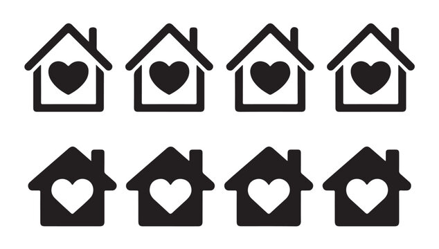 Collection of house icons combined with heart symbols representing home love and family care.