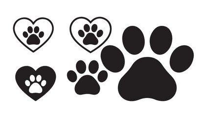 Fototapeta premium Paw print and heart vector set, isolated pet love sign on white background.
